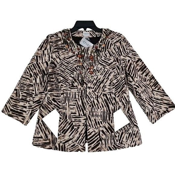 Chico’s ~Woman Size 1(M)~ Beige/Brown Blazer Fully Lined Jacket Beaded NWT. - Picture 8 of 9